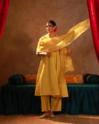 Juniper Yellow Viscose Flared Kurta Pant And Dupatta Set With Zari, Sequin & Lace Work - Distacart