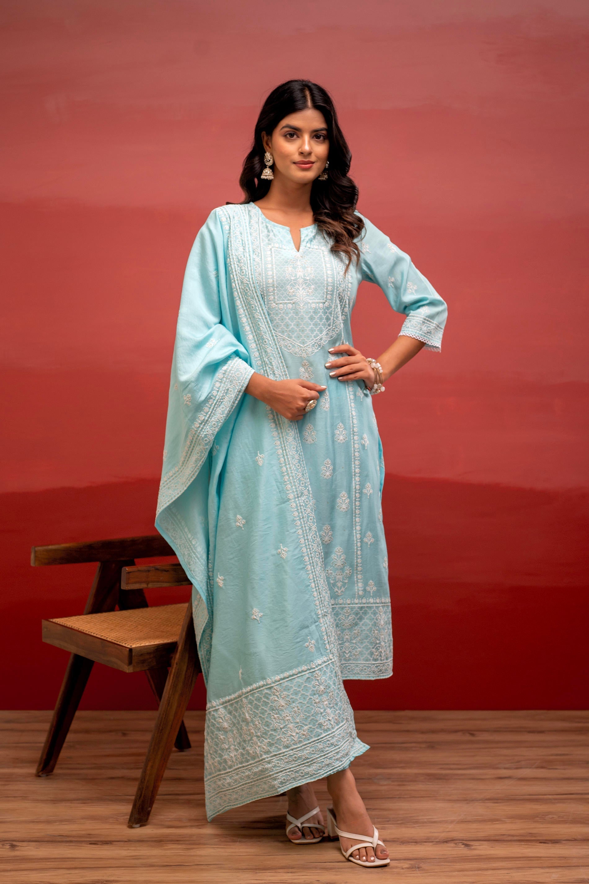 Juniper Sky Blue Solid Viscose Kurta, Pant & Dupatta Set With Thread Work, Beads & Sequence - Distacart