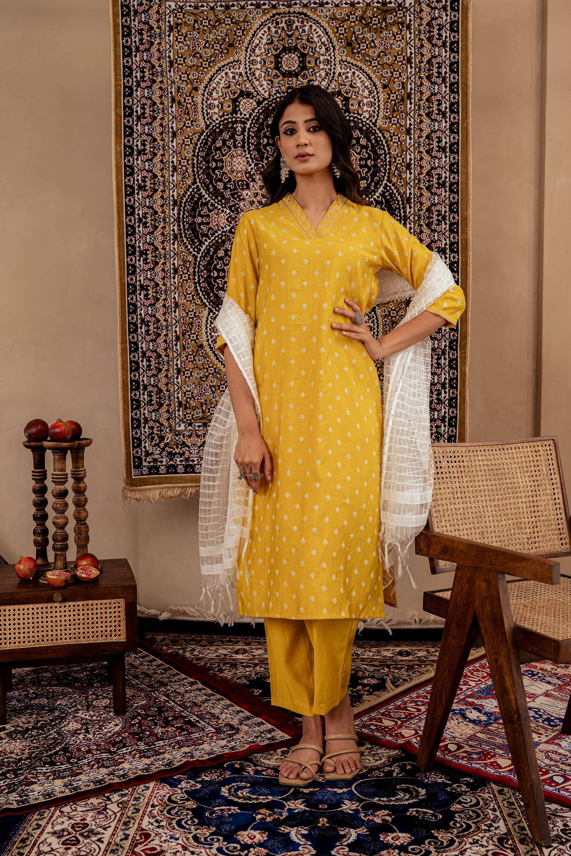 Juniper Mustard Solid Man Made Fiber Kurta, Pant & Dupatta Set With Thread Work - Distacart