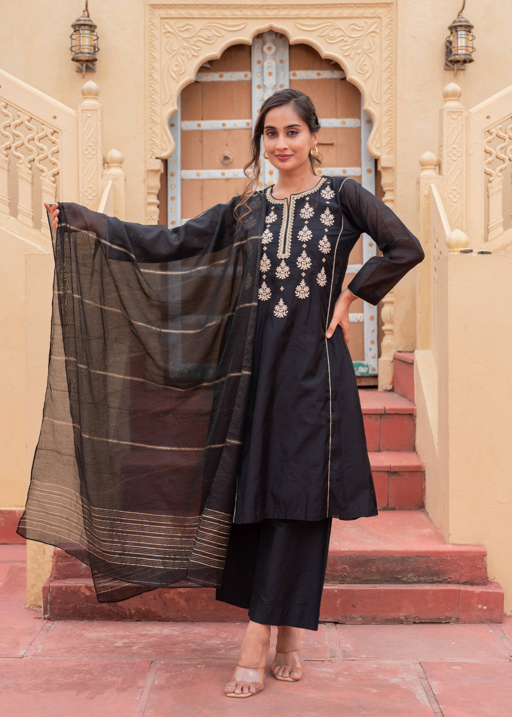 Juniper Man Made Fiber Black Embroidered Kurta Pant And Dupatta Set With Zari Work And Sequin - Distacart