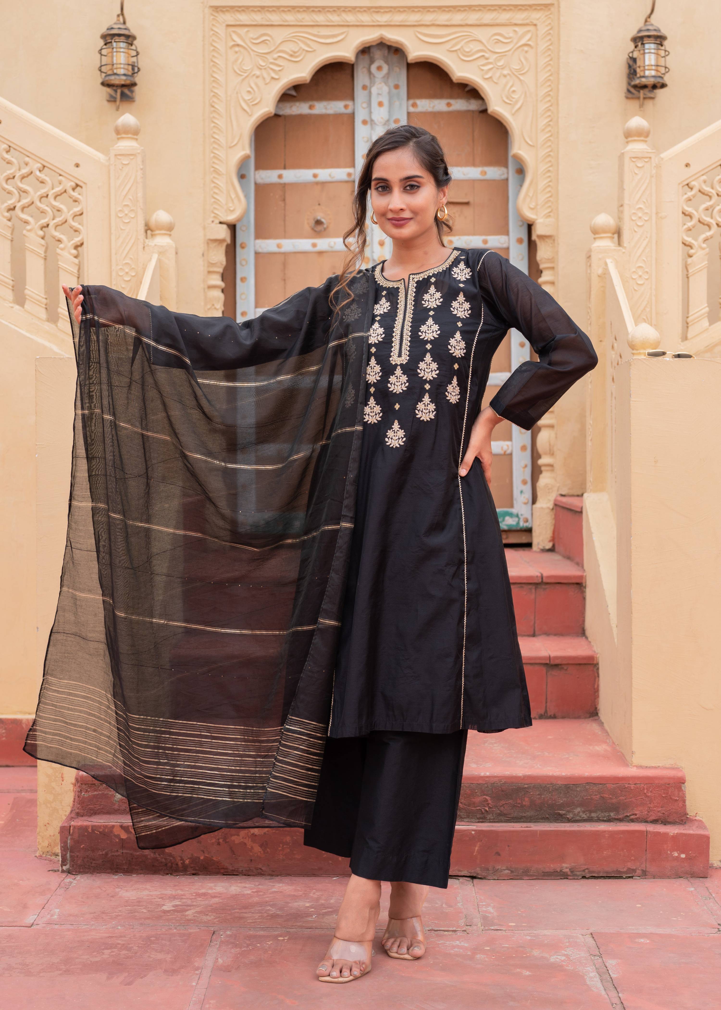 Juniper Man Made Fiber Black Embroidered Kurta Pant And Dupatta Set With Zari Work And Sequin - Distacart