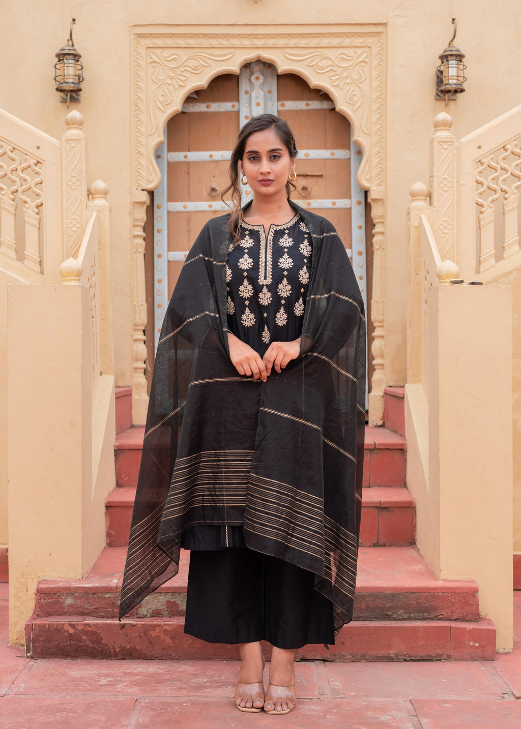 Juniper Man Made Fiber Black Embroidered Kurta Pant And Dupatta Set With Zari Work And Sequin - Distacart