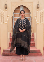 Juniper Man Made Fiber Black Embroidered Kurta Pant And Dupatta Set With Zari Work And Sequin - Distacart