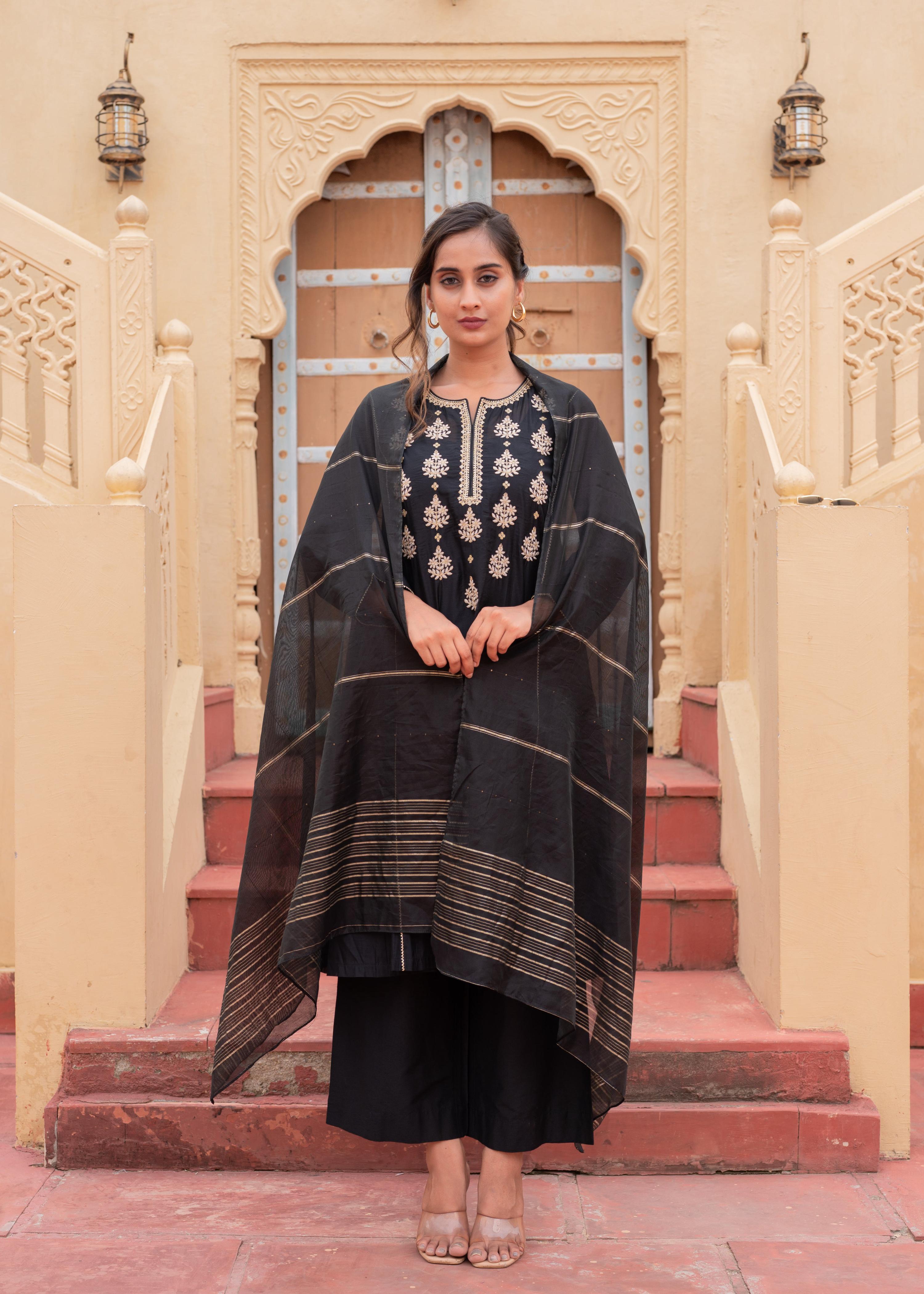 Juniper Man Made Fiber Black Embroidered Kurta Pant And Dupatta Set With Zari Work And Sequin - Distacart