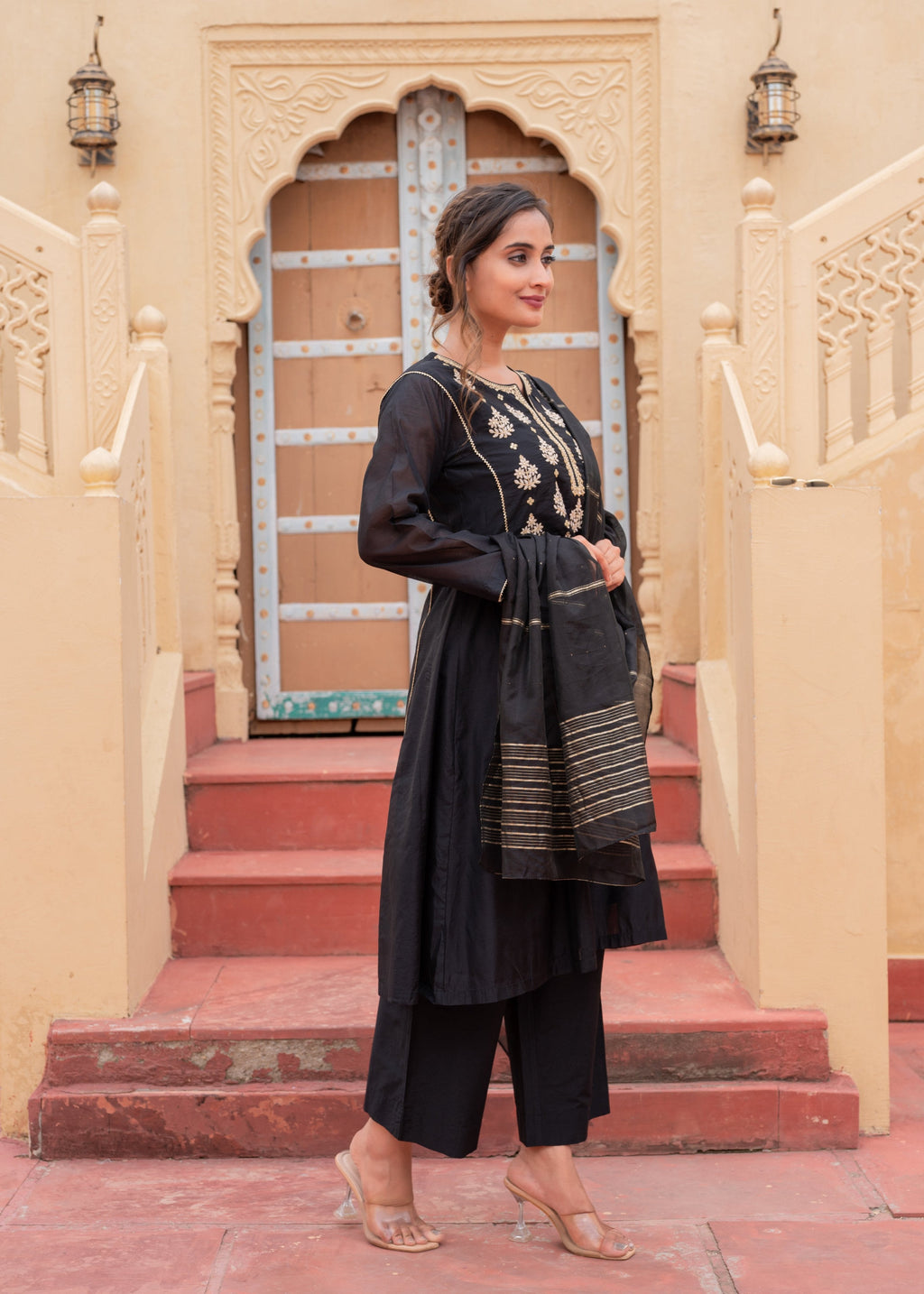 Juniper Man Made Fiber Black Embroidered Kurta Pant And Dupatta Set With Zari Work And Sequin - Distacart