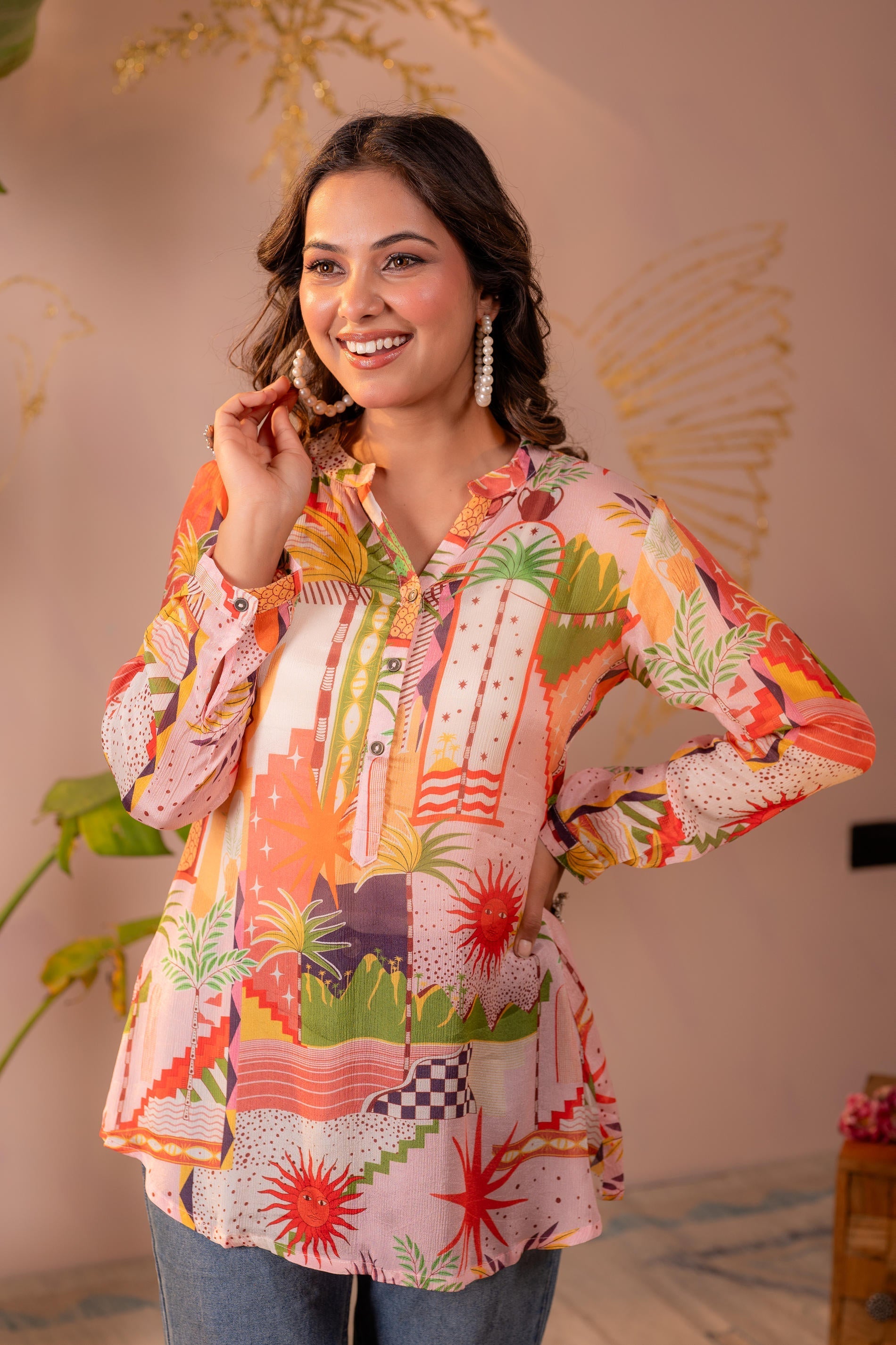 Juniper Abstract Printed Contemporary Tunic Top - Distacart