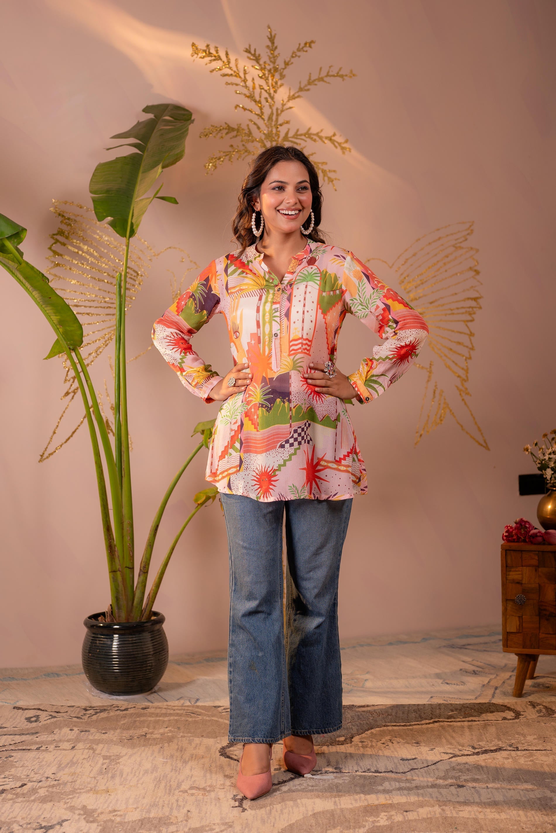 Juniper Abstract Printed Contemporary Tunic Top - Distacart