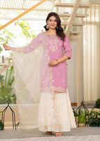 Juniper Pastel Pink Embroidered Kurta Set With Ivory Sharara And Dupatta - Distacart