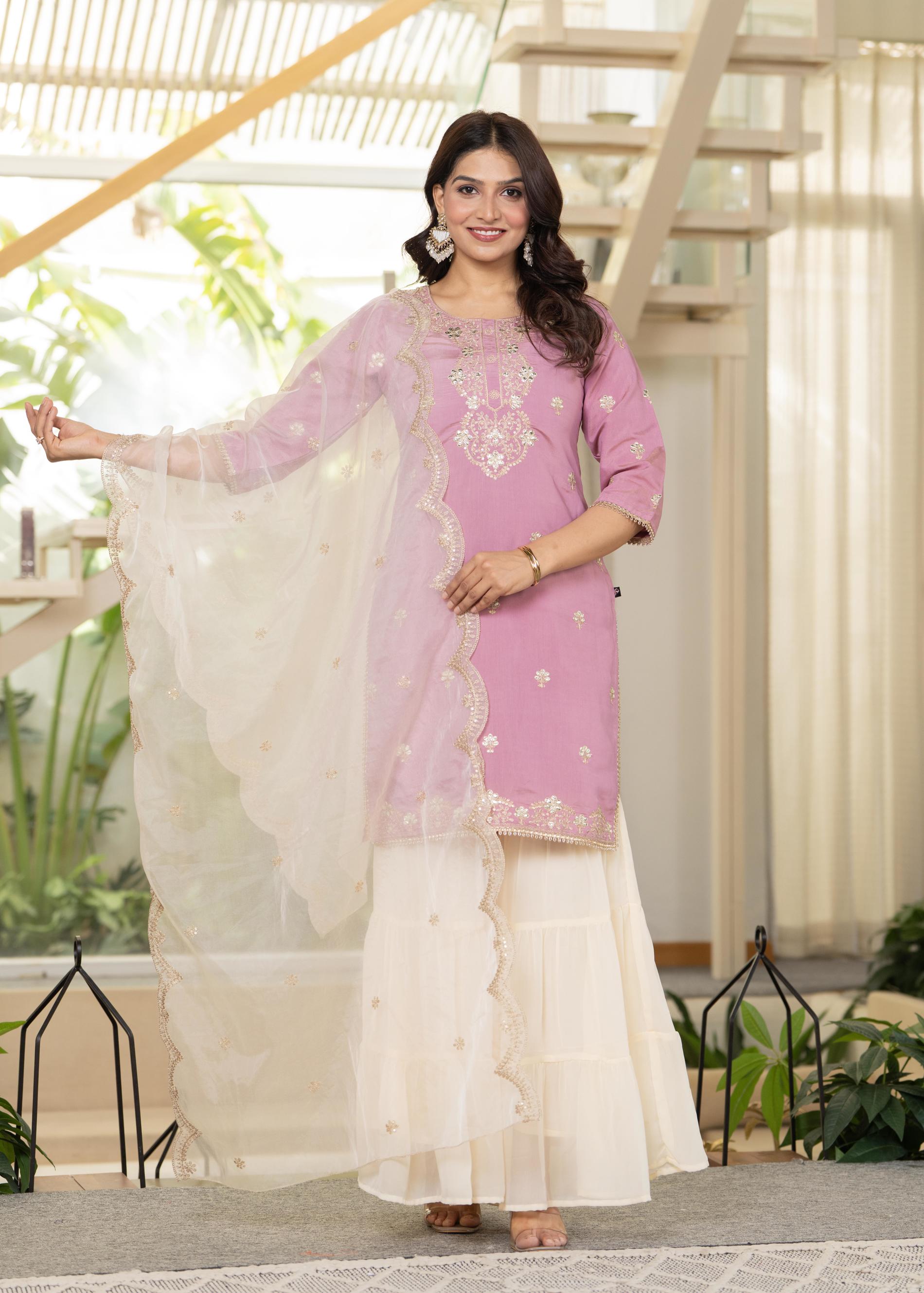 Juniper Pastel Pink Embroidered Kurta Set With Ivory Sharara And Dupatta - Distacart