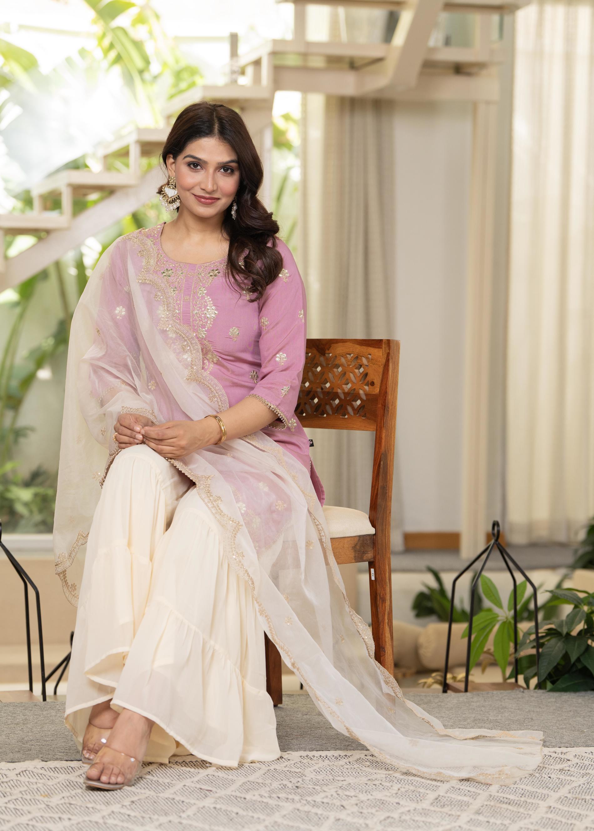 Juniper Pastel Pink Embroidered Kurta Set With Ivory Sharara And Dupatta - Distacart
