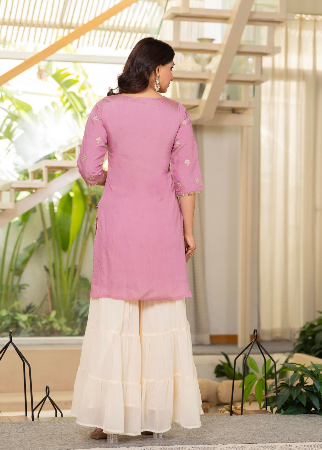 Juniper Pastel Pink Embroidered Kurta Set With Ivory Sharara And Dupatta - Distacart