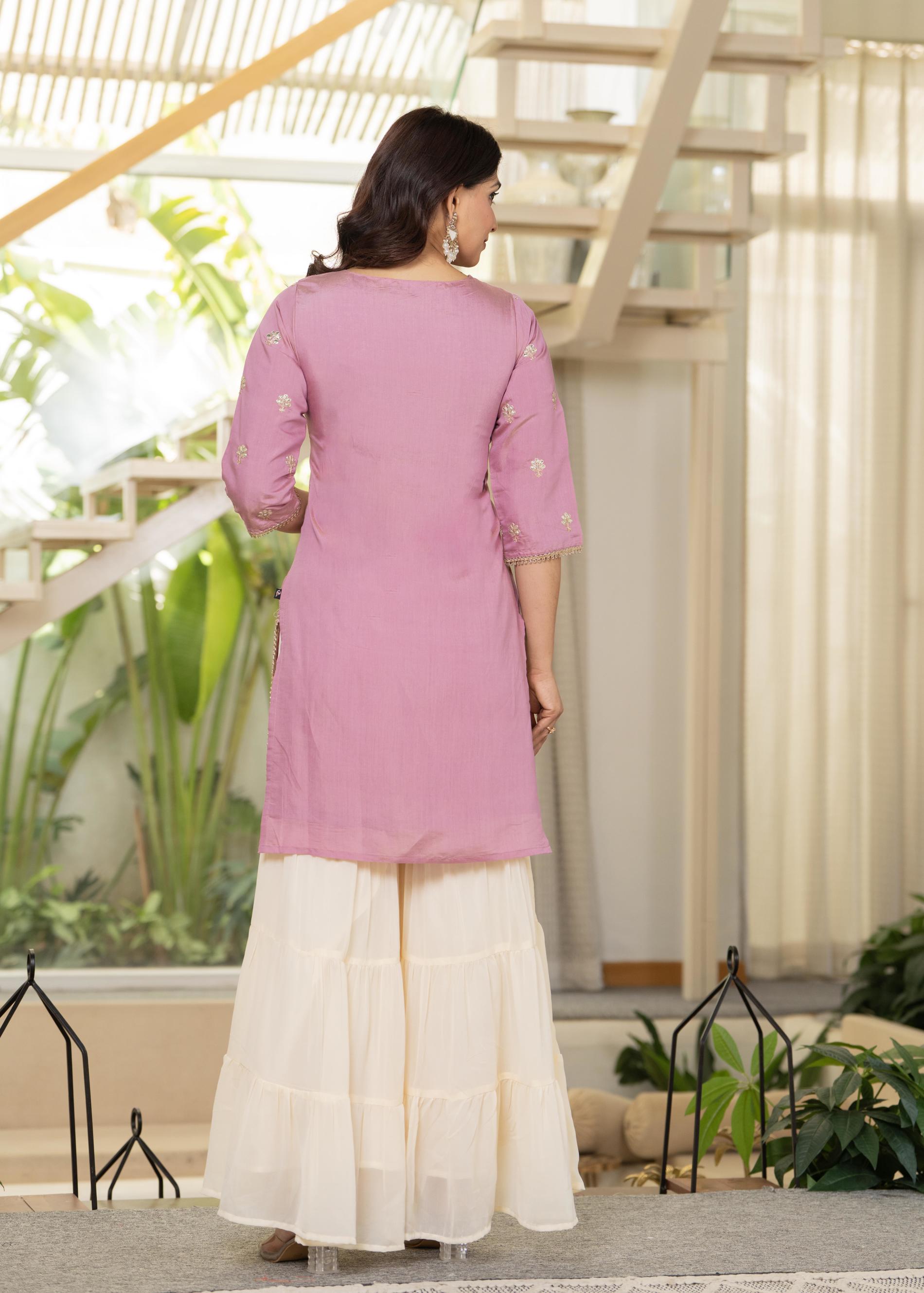 Juniper Pastel Pink Embroidered Kurta Set With Ivory Sharara And Dupatta - Distacart