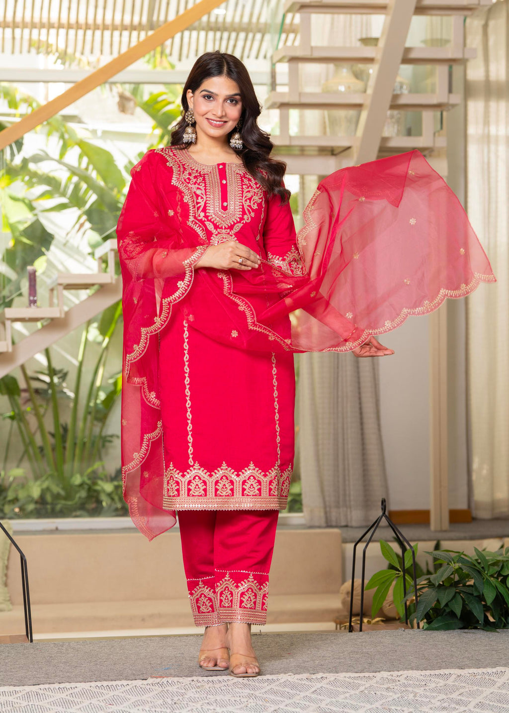 Juniper Viscose Fuchsia Embroidered Kurta Pant And Dupatta Set With Zari Work And Sequin - Distacart