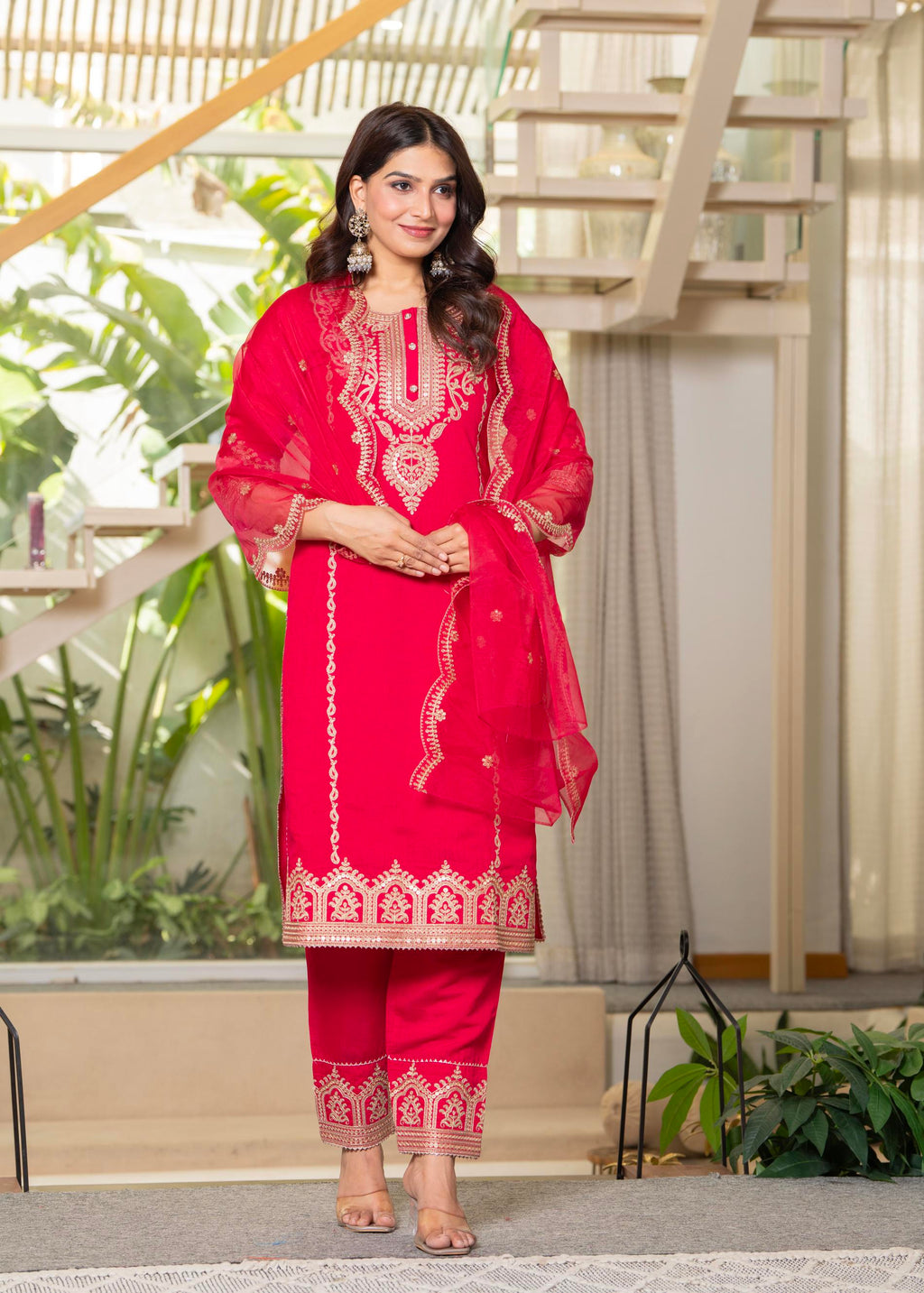 Juniper Viscose Fuchsia Embroidered Kurta Pant And Dupatta Set With Zari Work And Sequin - Distacart