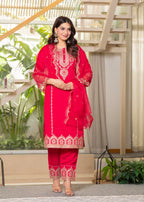 Juniper Viscose Fuchsia Embroidered Kurta Pant And Dupatta Set With Zari Work And Sequin - Distacart