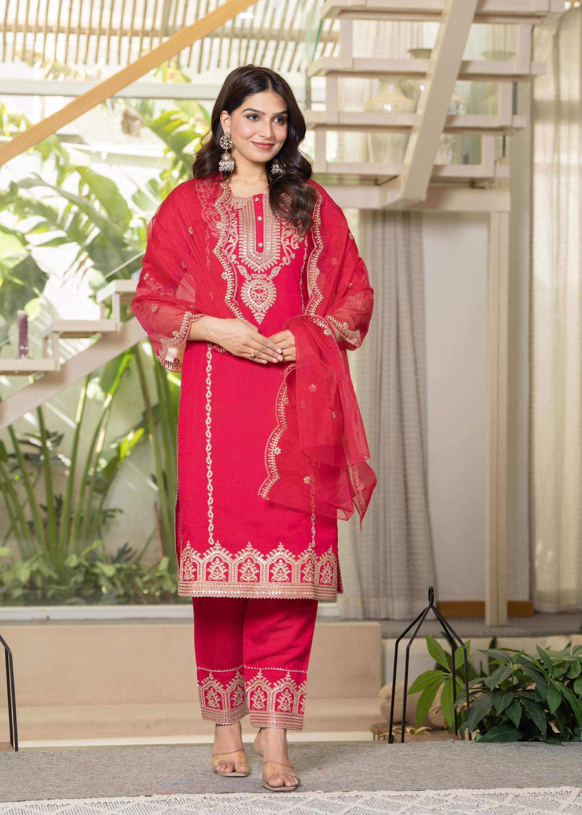 Juniper Viscose Fuchsia Embroidered Kurta Pant And Dupatta Set With Zari Work And Sequin - Distacart