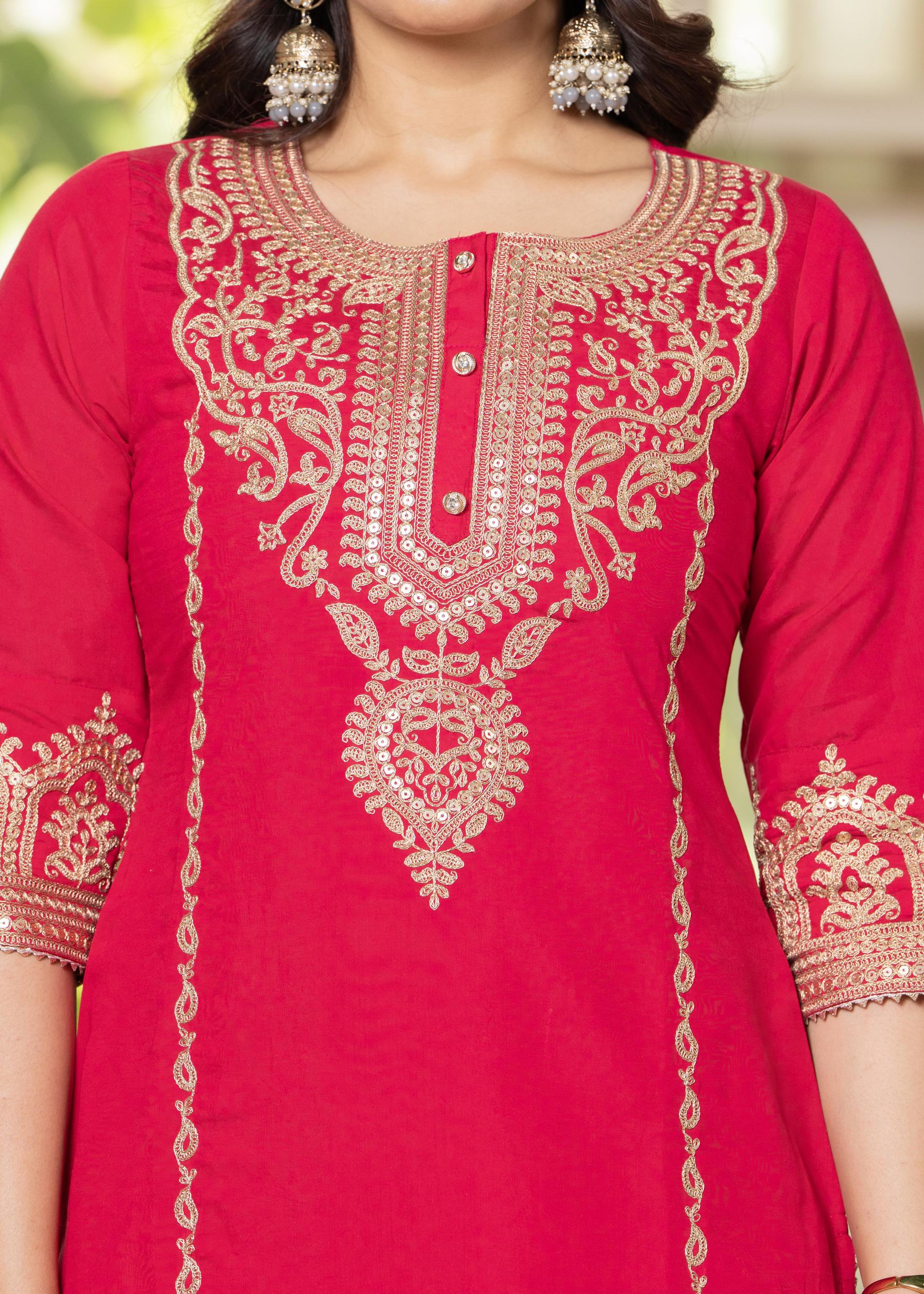 Juniper Viscose Fuchsia Embroidered Kurta Pant And Dupatta Set With Zari Work And Sequin - Distacart