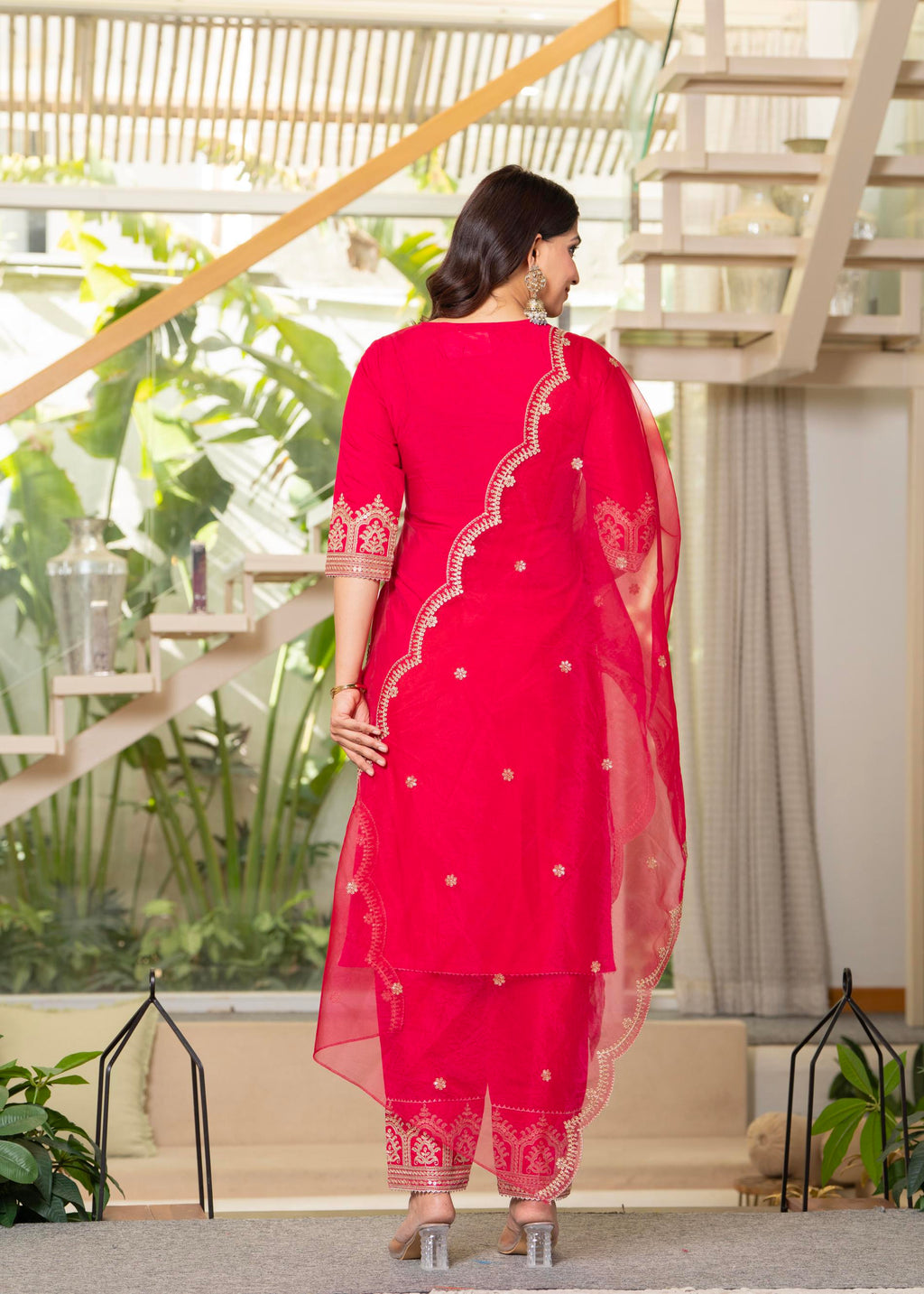 Juniper Viscose Fuchsia Embroidered Kurta Pant And Dupatta Set With Zari Work And Sequin - Distacart