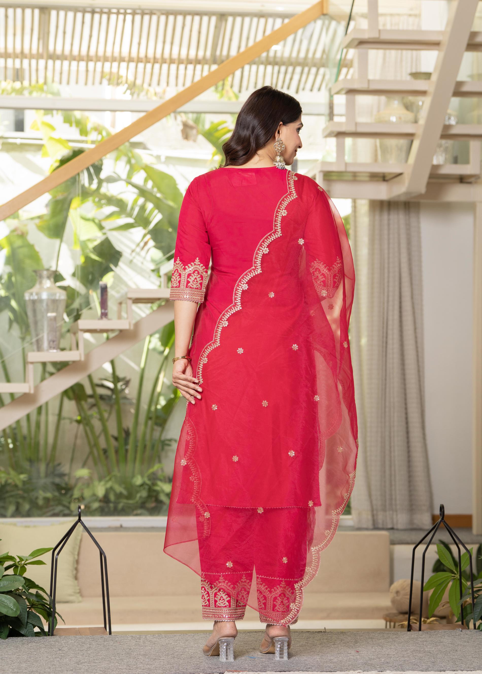 Juniper Viscose Fuchsia Embroidered Kurta Pant And Dupatta Set With Zari Work And Sequin - Distacart