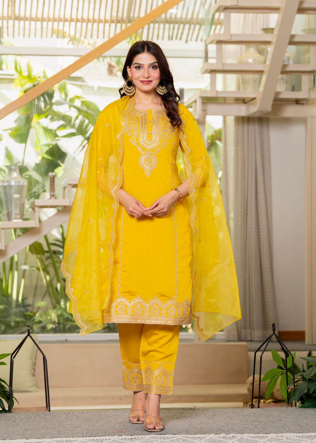 Juniper Viscose Mustard Embroidered Kurta Pant And Dupatta Set With Zari Work And Sequin - Distacart