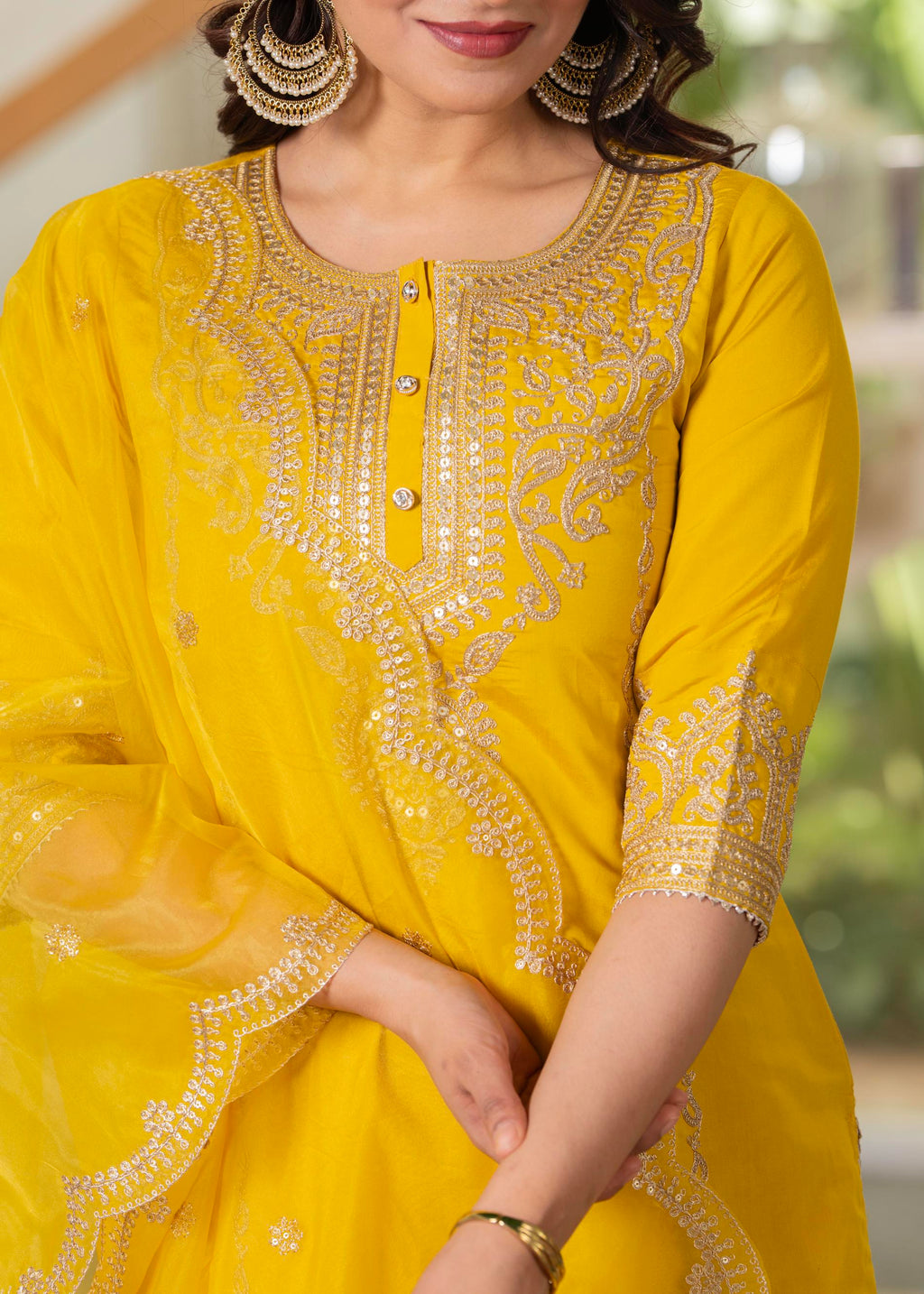 Juniper Viscose Mustard Embroidered Kurta Pant And Dupatta Set With Zari Work And Sequin - Distacart