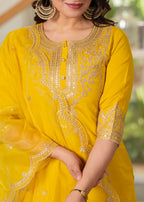 Juniper Viscose Mustard Embroidered Kurta Pant And Dupatta Set With Zari Work And Sequin - Distacart