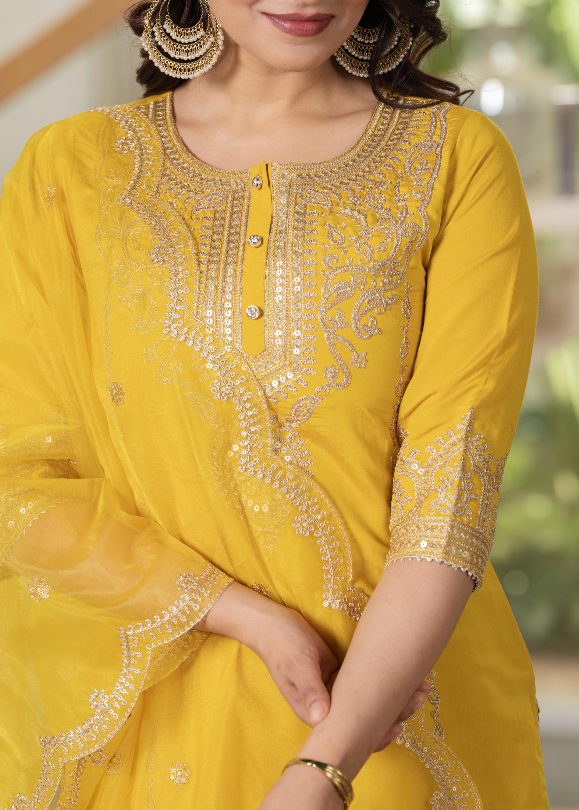 Juniper Viscose Mustard Embroidered Kurta Pant And Dupatta Set With Zari Work And Sequin - Distacart