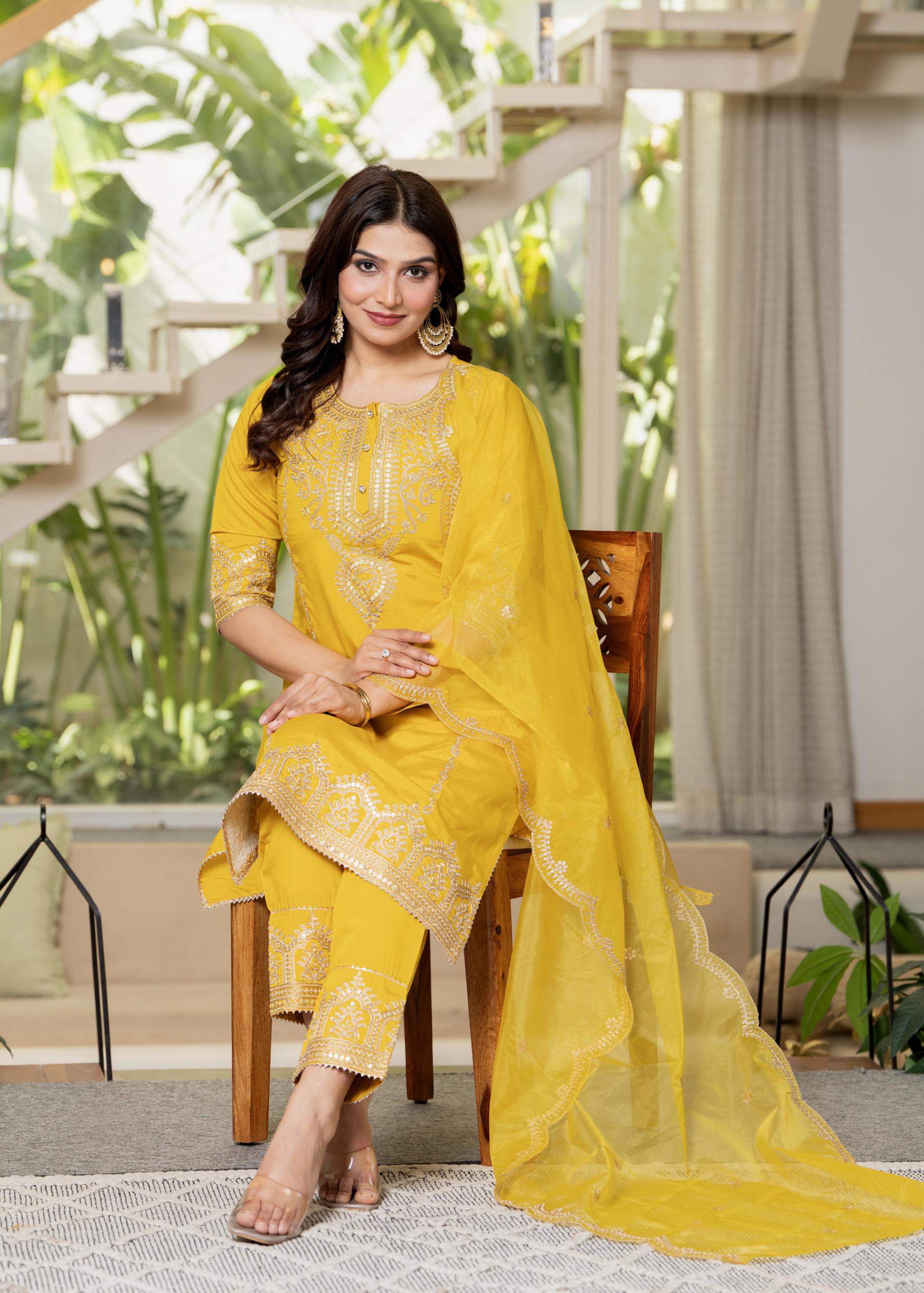 Juniper Viscose Mustard Embroidered Kurta Pant And Dupatta Set With Zari Work And Sequin - Distacart