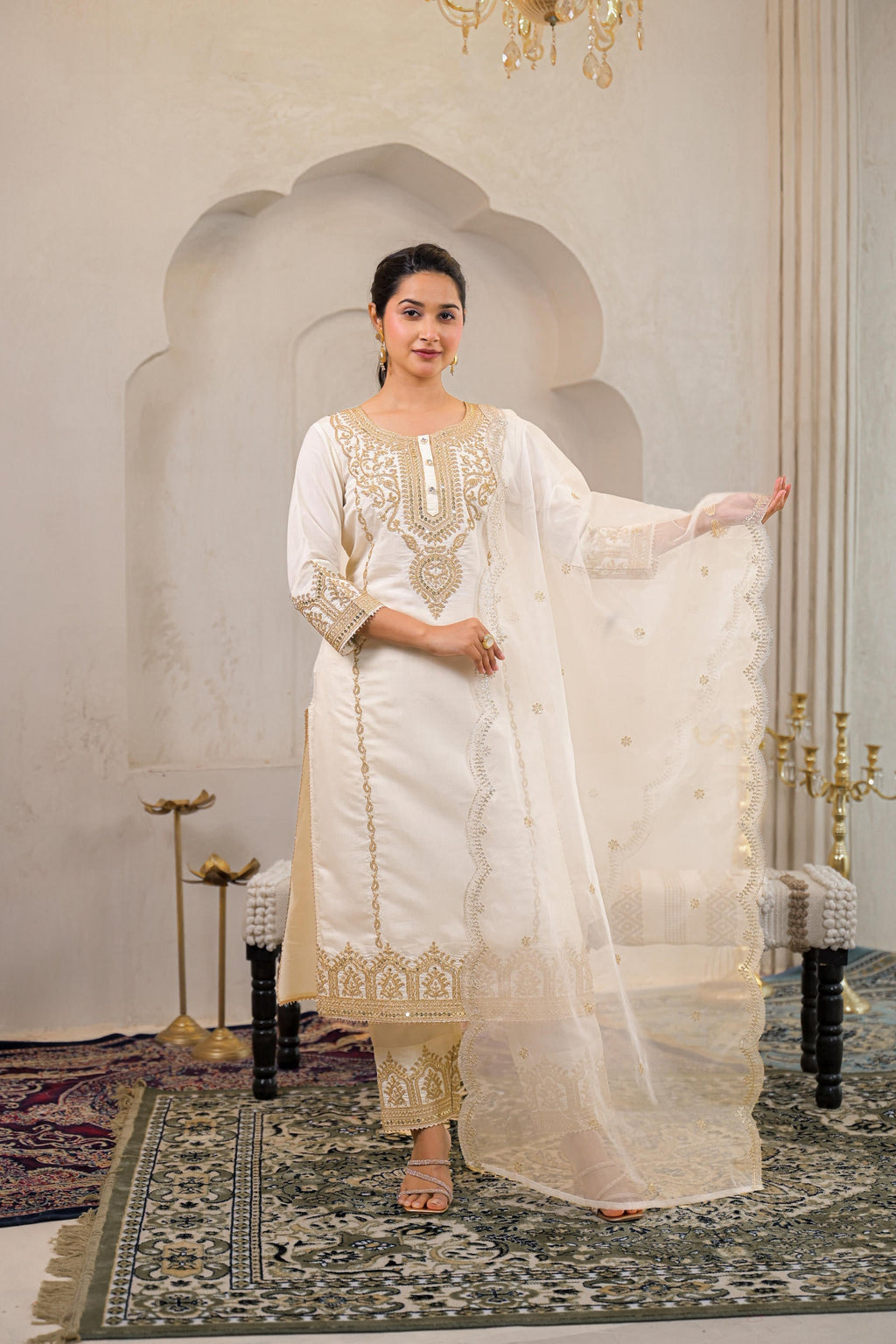 Juniper Viscose Off White Embroidered Kurta Pant And Dupatta Set With Zari Work And Sequin - Distacart