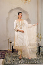 Juniper Viscose Off White Embroidered Kurta Pant And Dupatta Set With Zari Work And Sequin - Distacart