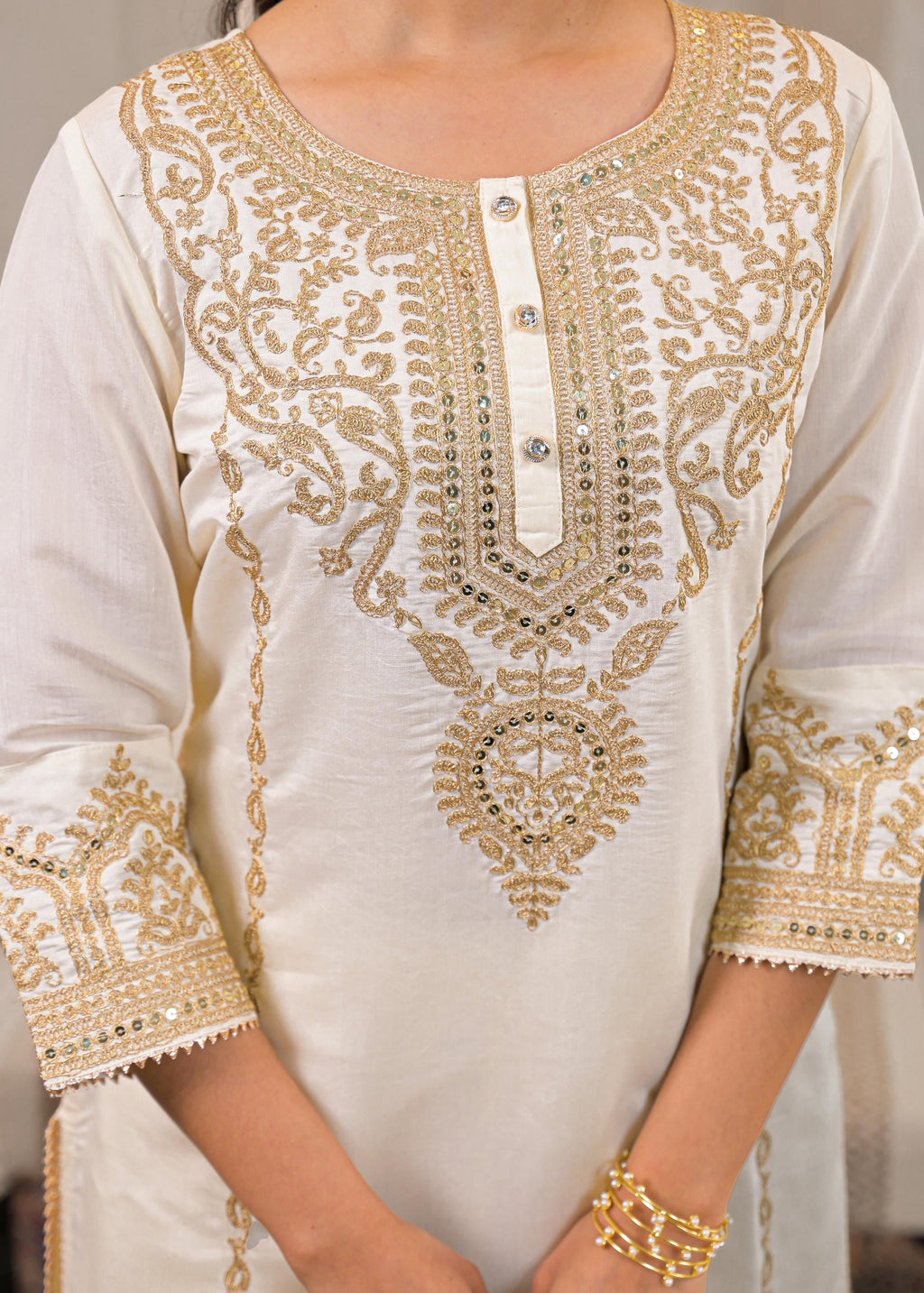 Juniper Viscose Off White Embroidered Kurta Pant And Dupatta Set With Zari Work And Sequin - Distacart