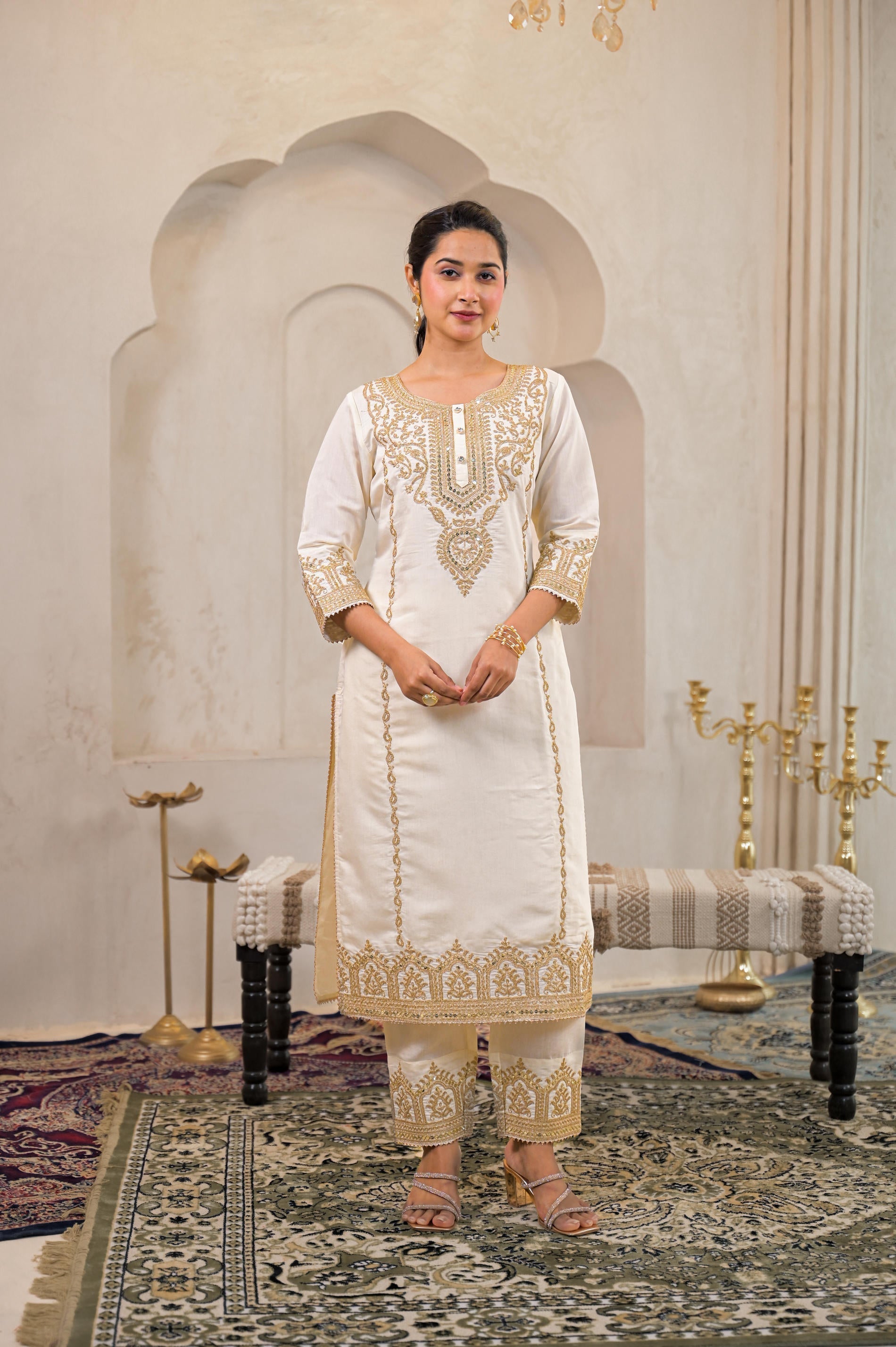 Juniper Viscose Off White Embroidered Kurta Pant And Dupatta Set With Zari Work And Sequin - Distacart