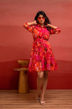 Juniper Man Made Fiber Fuchsia Floral Printed Short Dress With Belt - Distacart