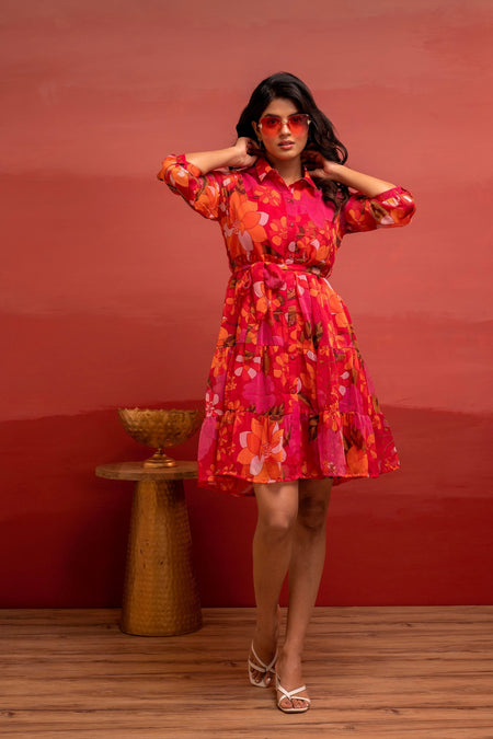 Juniper Man Made Fiber Fuchsia Floral Printed Short Dress With Belt