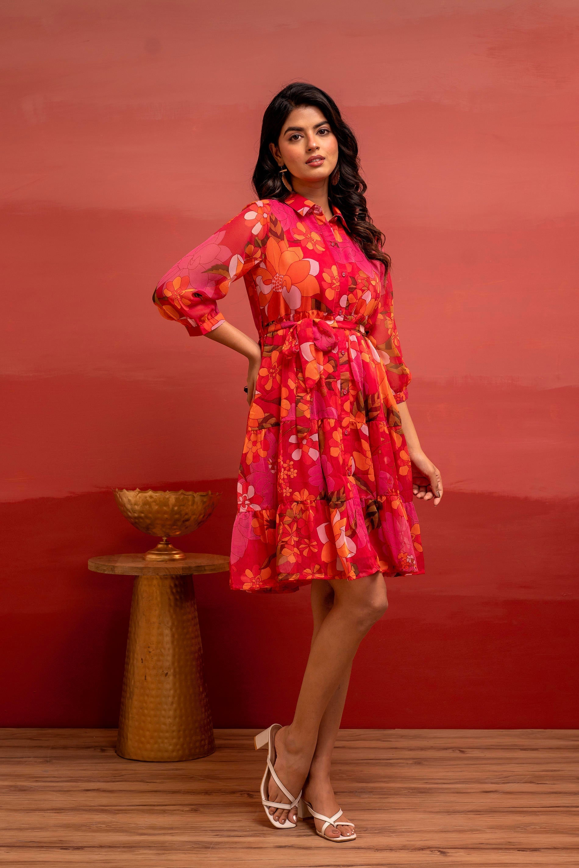 Juniper Man Made Fiber Fuchsia Floral Printed Short Dress With Belt - Distacart