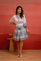 Juniper White Floral Printed Man-Made Fiber Short Dress With Thread Work, Sequence, And Slip-On Style - Distacart
