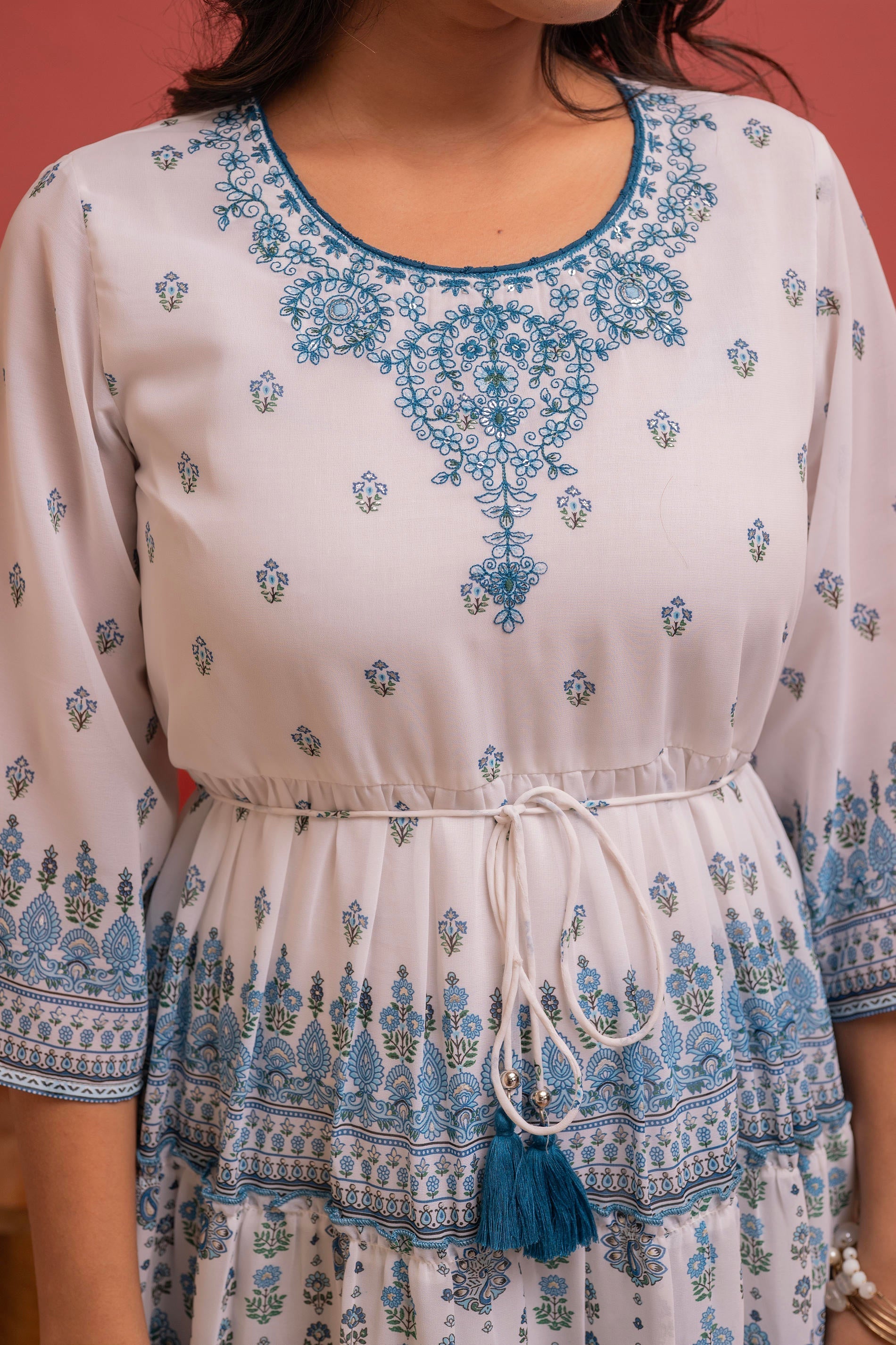Juniper White Floral Printed Man-Made Fiber Short Dress With Thread Work, Sequence, And Slip-On Style - Distacart
