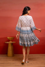 Juniper White Floral Printed Man-Made Fiber Short Dress With Thread Work, Sequence, And Slip-On Style - Distacart