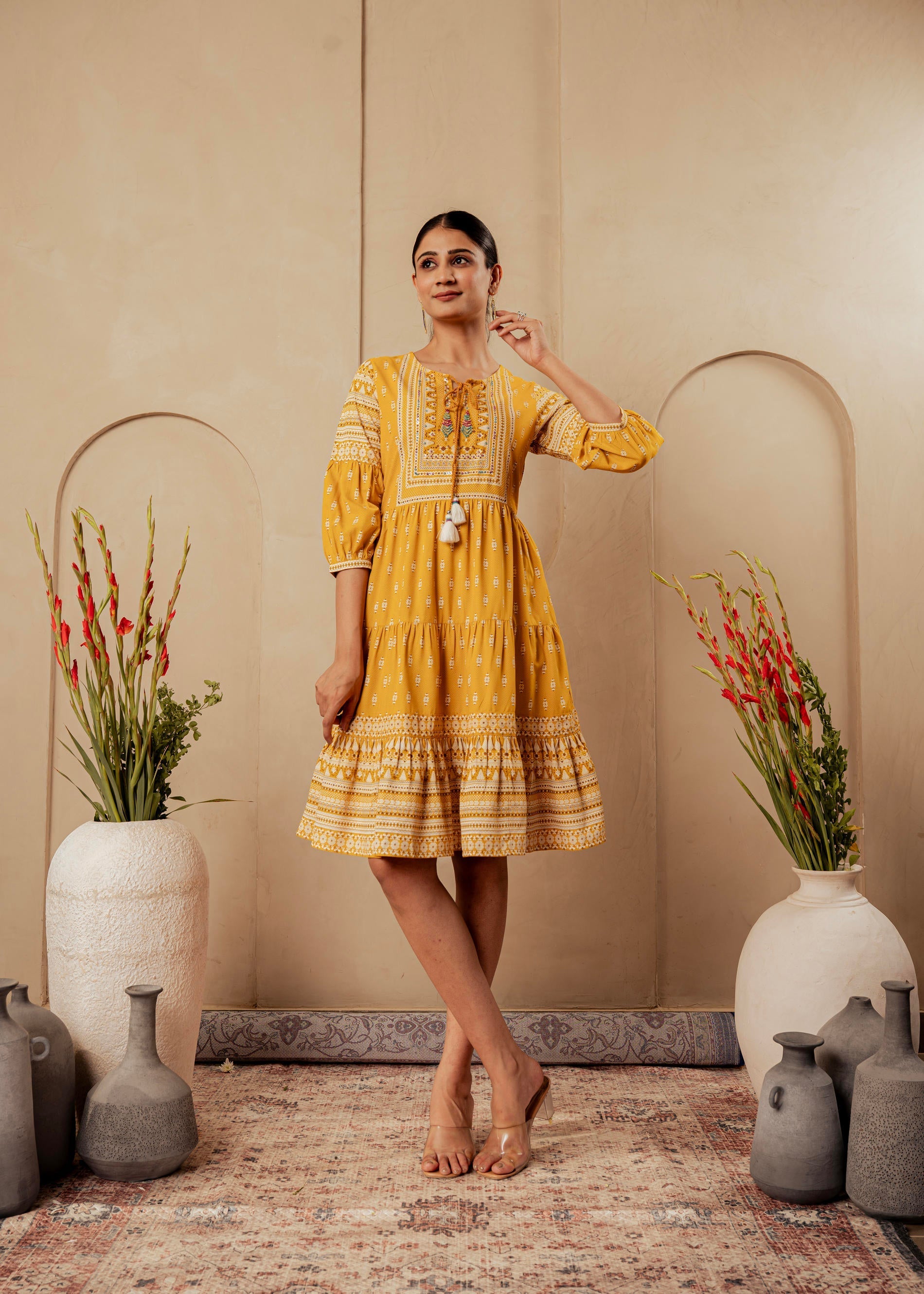 Juniper Mustard Ethnic Motifs Viscose Tiered Short Dress With Beads, Sequence, Dori - Distacart