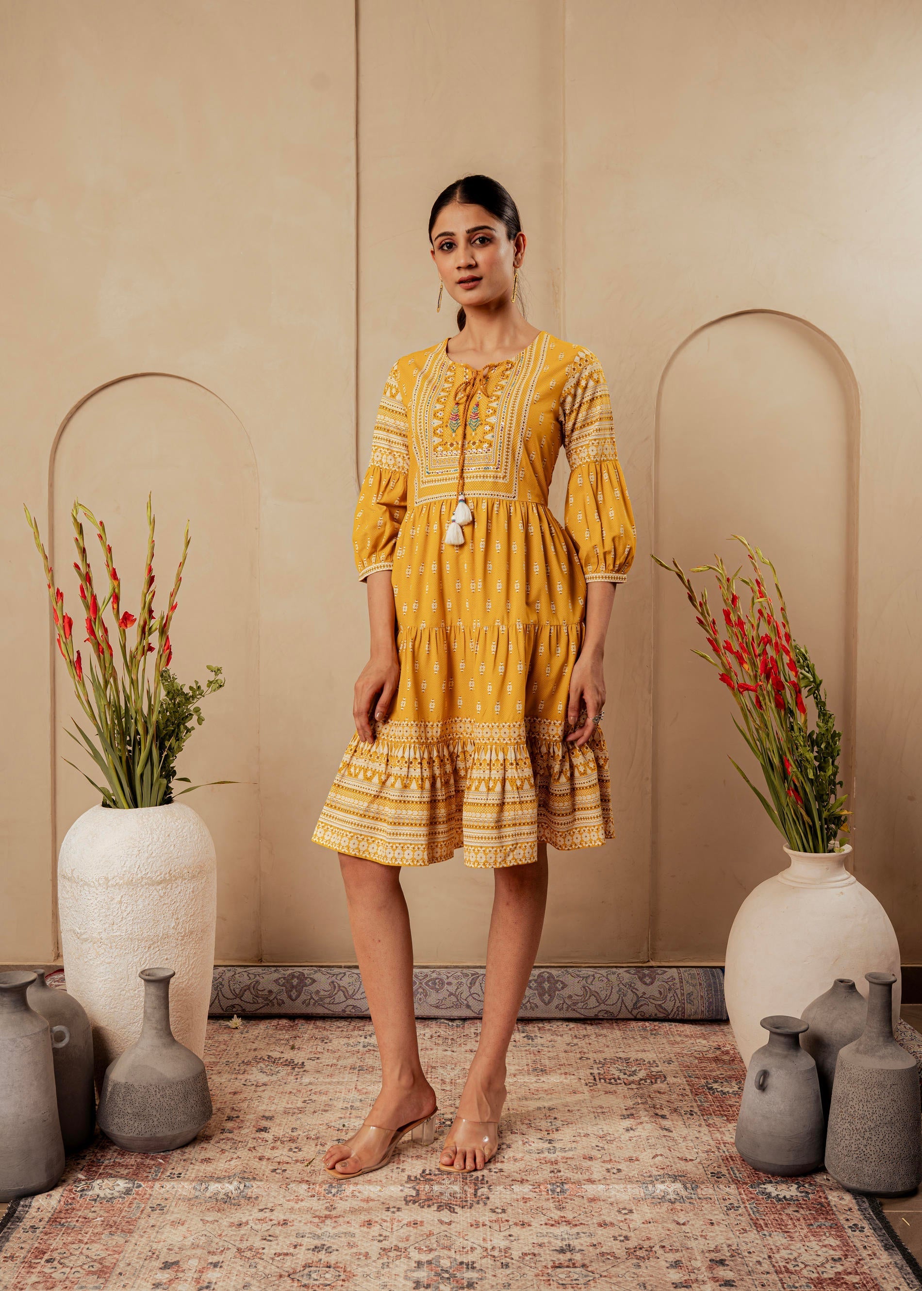 Juniper Mustard Ethnic Motifs Viscose Tiered Short Dress With Beads, Sequence, Dori - Distacart
