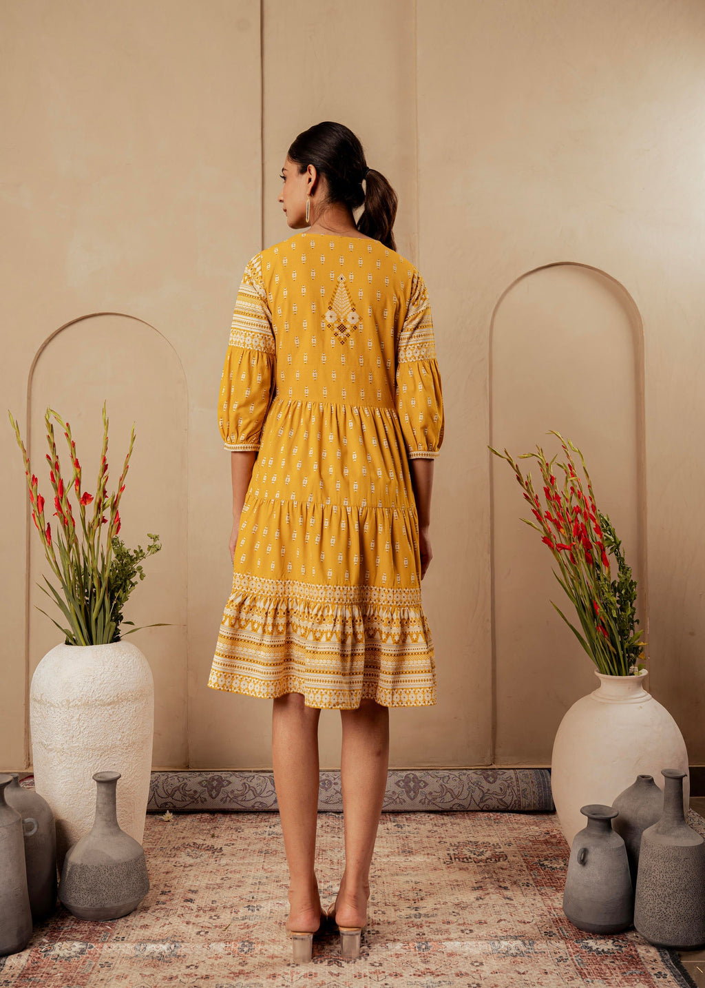 Juniper Mustard Ethnic Motifs Viscose Tiered Short Dress With Beads, Sequence, Dori - Distacart