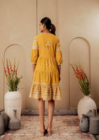 Juniper Mustard Ethnic Motifs Viscose Tiered Short Dress With Beads, Sequence, Dori - Distacart