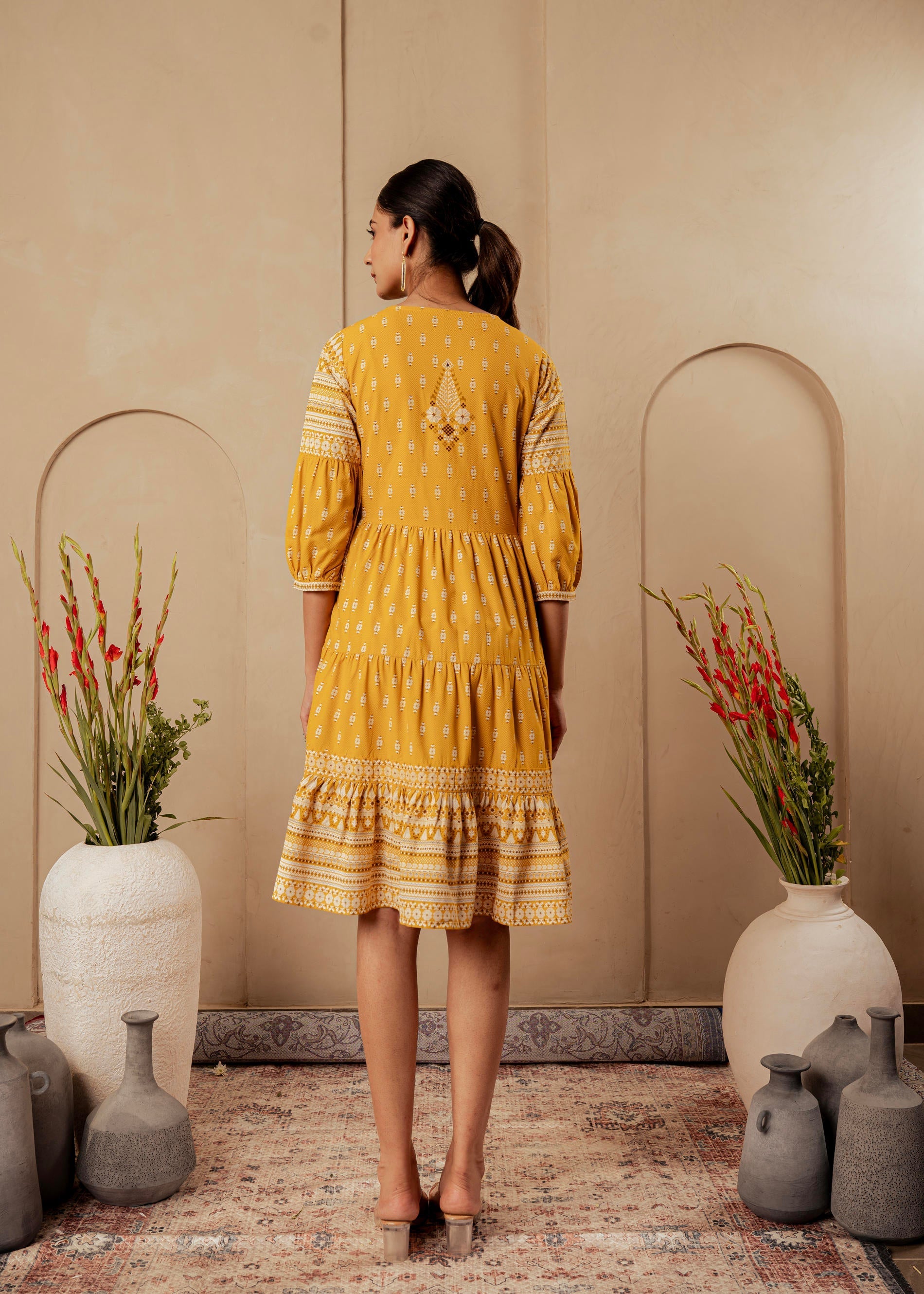 Juniper Mustard Ethnic Motifs Viscose Tiered Short Dress With Beads, Sequence, Dori - Distacart