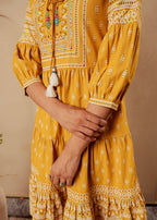 Juniper Mustard Ethnic Motifs Viscose Tiered Short Dress With Beads, Sequence, Dori - Distacart