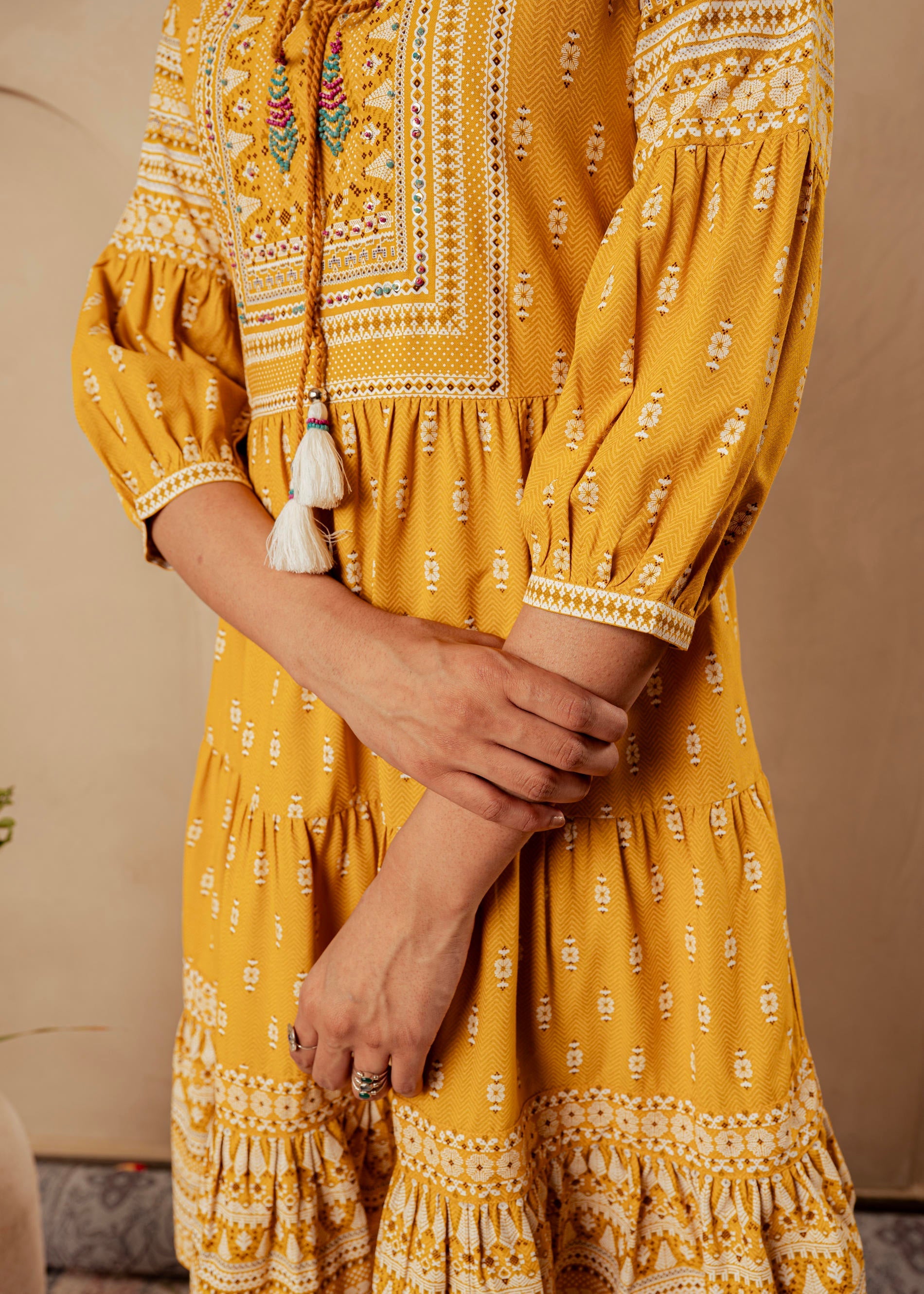 Juniper Mustard Ethnic Motifs Viscose Tiered Short Dress With Beads, Sequence, Dori - Distacart