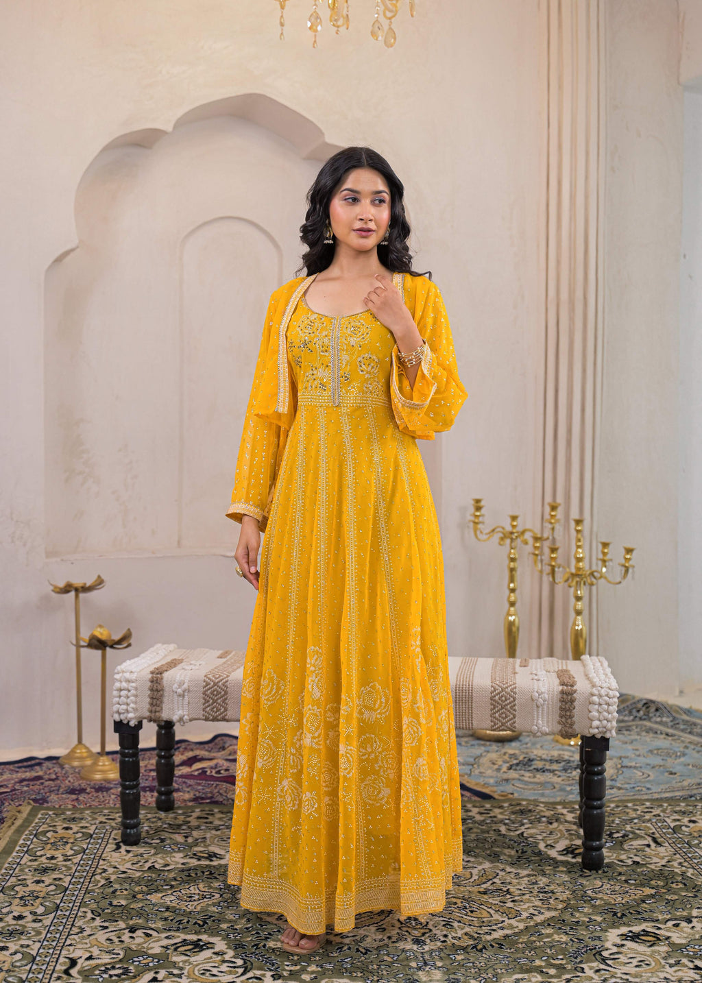 Juniper Mustard Ethnic Motifs Printed Man Made Fiber Tiered Long Dress - Distacart