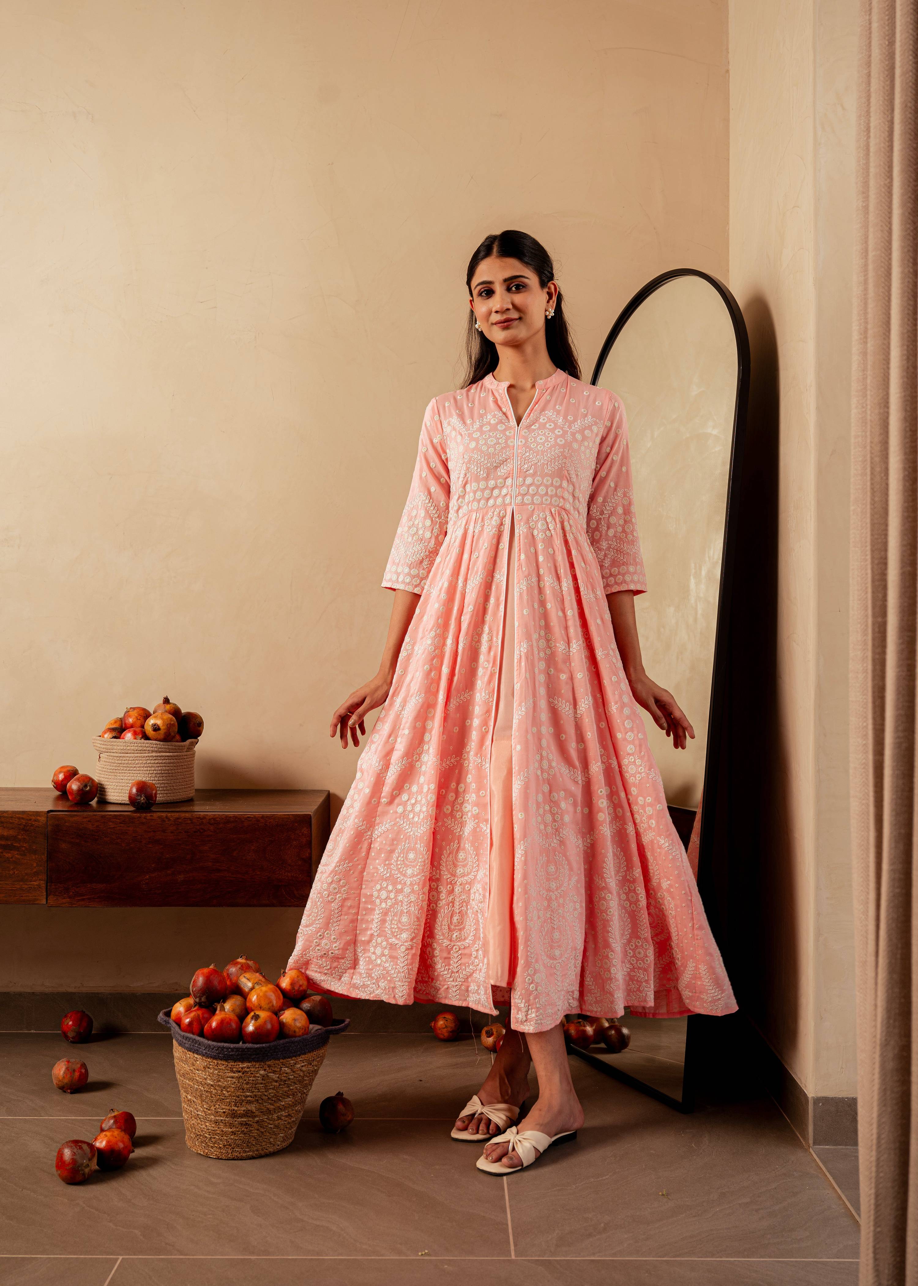 Juniper Peach Solid Panelled Long Dress With Thread Work - Distacart