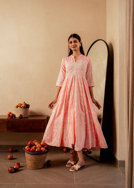 Juniper Peach Solid Panelled Long Dress With Thread Work