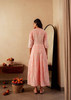 Juniper Peach Solid Panelled Long Dress With Thread Work - Distacart