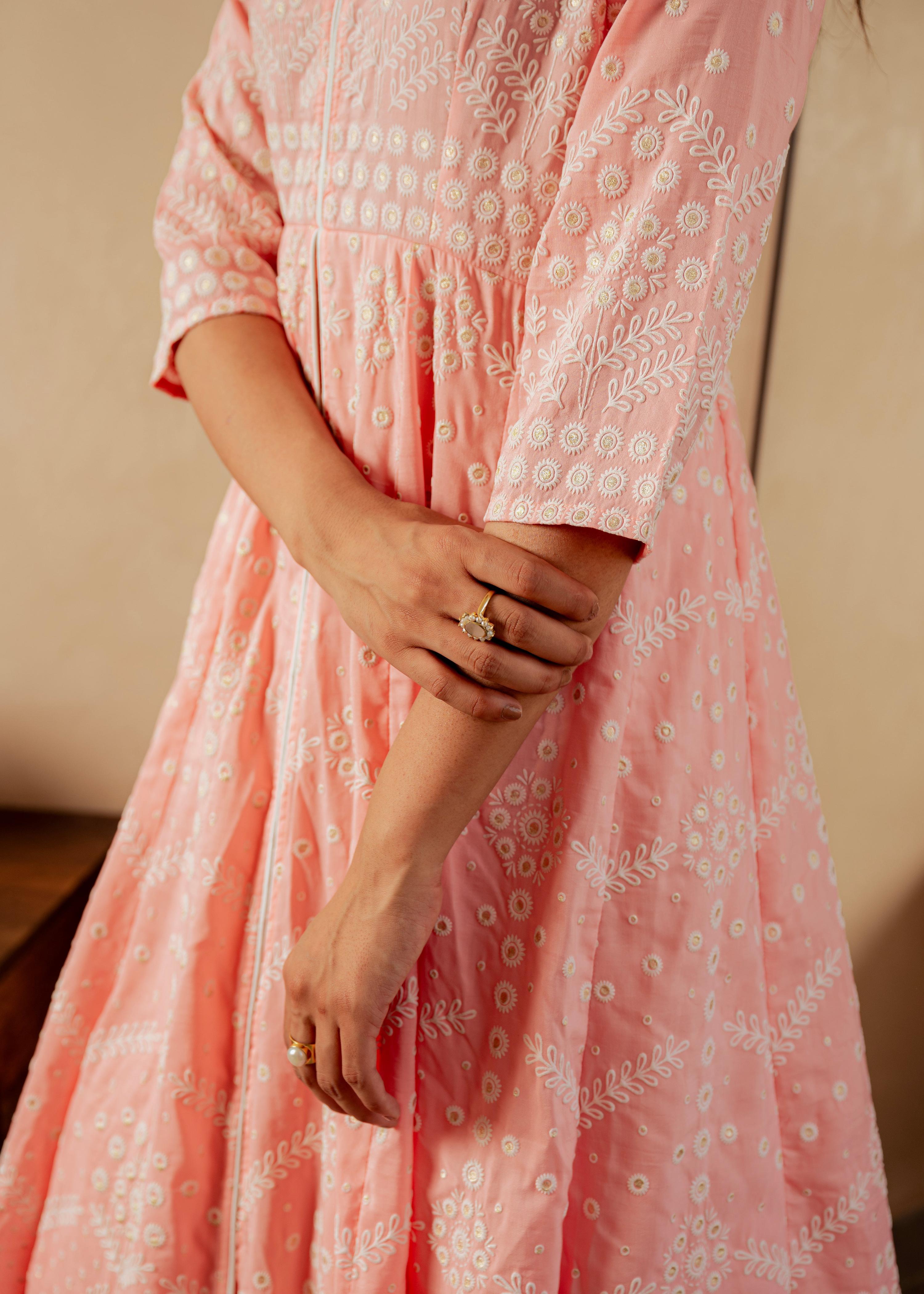 Juniper Peach Solid Panelled Long Dress With Thread Work - Distacart